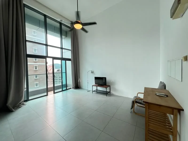 Living features: floor-to-ceiling windows, grey tiled flooring, white painted walls, 5-blade ceiling fan with light, wall-mounted TV, wooden side table, metal floor lamp, wooden console table, curtains, open layout; style: modern; view: city.