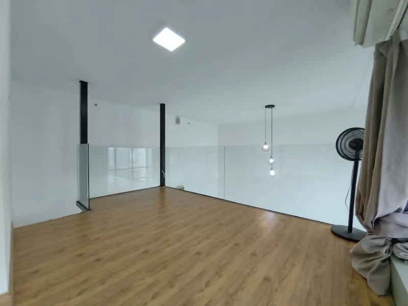 Room features: wooden flooring, white painted walls, high ceiling, glass partition, hanging pendant lights, ceiling fan, large windows, curtains; style: modern.