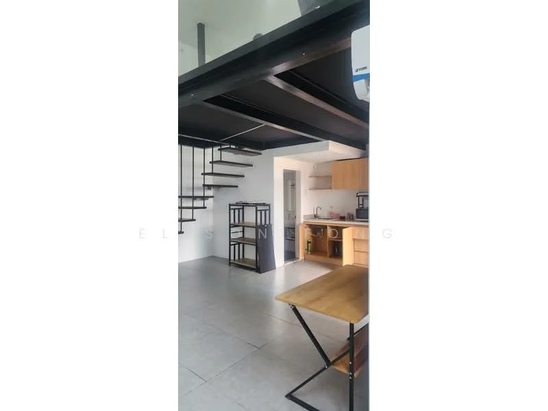 Kitchen features: grey tiled flooring, white painted walls, black metal staircase, wood cabinetry, built-in oven, stainless-steel sink, chrome pull-down faucet, open shelving, refrigerator, kitchen island with seating, wall-mounted split AC; style: modern. Room features: grey tiled flooring, white painted walls, black metal staircase.