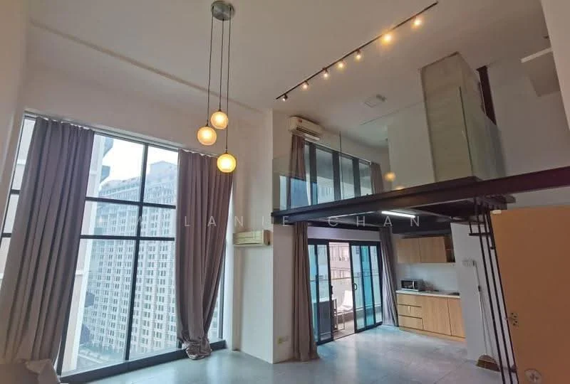 Living features: floor-to-ceiling windows, grey curtains, exposed ceiling with track lighting, open-plan layout, concrete flooring, air conditioning unit, glass railing on upper level, wooden cabinetry in kitchen area, kitchen island, recessed lighting; style: modern; view: city.