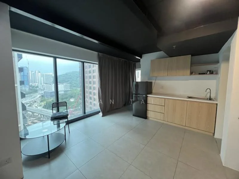 Kitchen features: grey tiled flooring, white walls, black ceiling, kitchen cabinetry in light wood, single-bowl stainless-steel sink, chrome pull-down faucet, black fridge, open shelving, countertop with light wood finish, floor-to-ceiling windows, curtains, city view; style: modern; view: city.