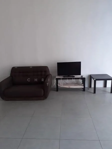 Living features: brown fabric 3-seater sofa, black TV console, wall-mounted TV, white tiled flooring, plain white walls, black side table; style: modern.