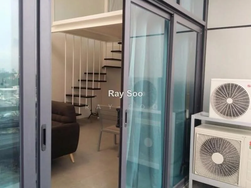 Room features: glass sliding doors, metal railing, wooden staircase, air conditioning units, grey tiled flooring, sofa, coffee table, open layout; style: modern; view: city.