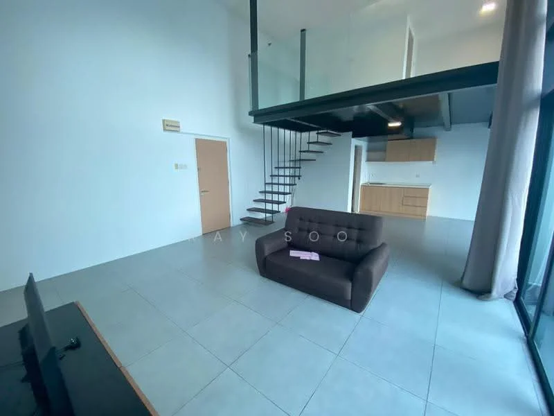 Living features: grey fabric sofa, floor-to-ceiling windows, light grey tiled flooring, white painted walls, spiral staircase, open-plan layout, TV console, wood cabinetry in background, recessed lighting; style: modern.