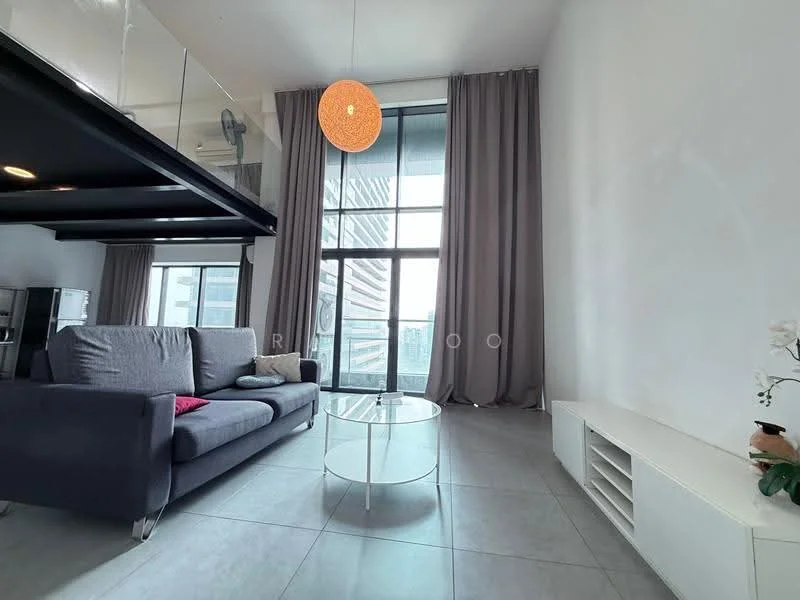 Living features: grey fabric sofa, glass coffee table, floor-to-ceiling windows, sheer curtains, white painted walls, tile flooring, pendant light, open loft space above; style: modern; view: city.