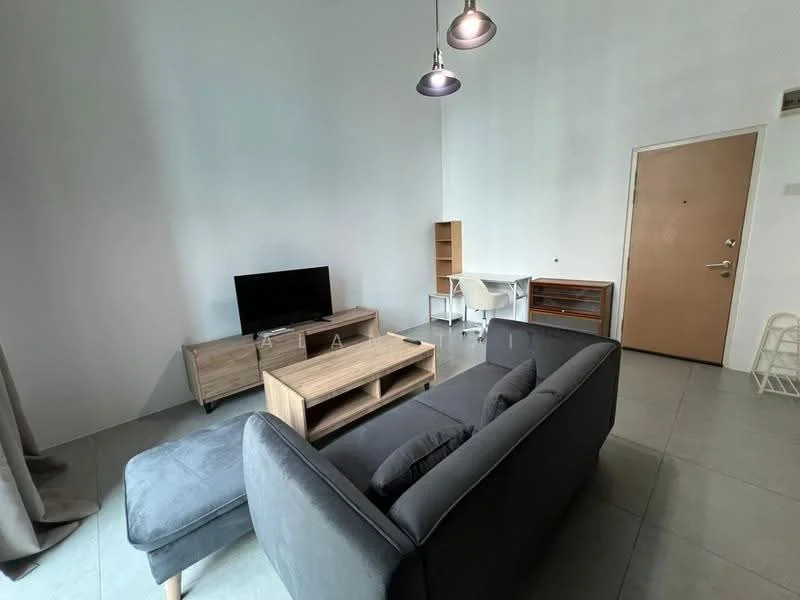 Living features: grey fabric sofa with chaise, wooden coffee table, TV console in light wood, wall-mounted TV, white desk with chair, wooden study desk, floor-to-ceiling windows, grey curtains, recessed downlights, neutral tile flooring, plain white walls, main entrance door; style: modern.