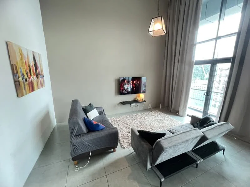 Living features: grey fabric 3-seater sofa, grey fabric 2-seater sofa, area rug with geometric pattern, wall-mounted TV, coffee table, large floor-to-ceiling windows, sheer curtains, pendant light fixture, decorative wall art, light grey painted walls, tile flooring; style: modern; view: city.