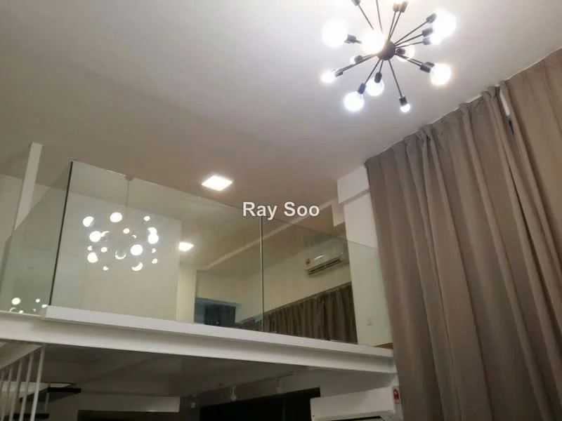 Room features: glass railing, modern chandelier, recessed ceiling lights, curtains in beige, white painted walls, exposed ceiling, air conditioning unit; style: modern.