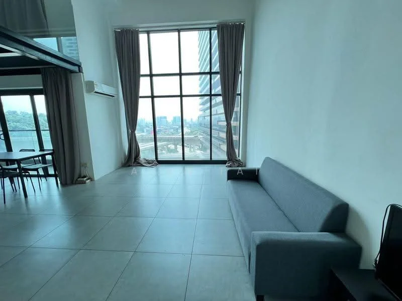Living features: floor-to-ceiling windows, grey fabric sofa, white painted walls, tile flooring, sheer curtains, city view, air conditioning unit, open layout; style: modern; view: city.