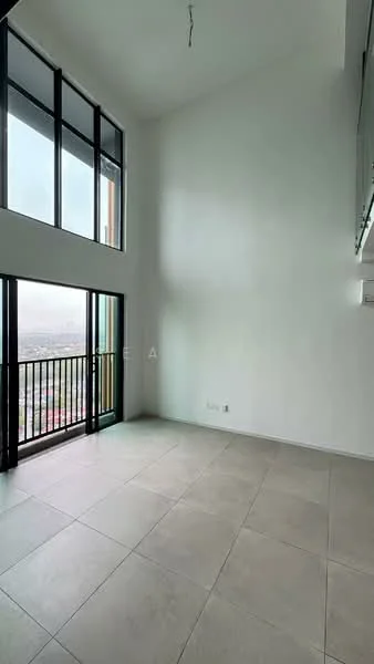 Living features: floor-to-ceiling windows, sliding glass door, white painted walls, tile flooring, high ceiling, balcony access, air conditioning unit, city view; style: modern; view: city.