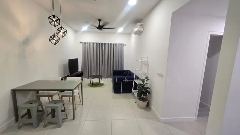 Living features: white painted walls, tile flooring, 5-blade ceiling fan with light, sofa in navy blue, TV console, wall-mounted TV, dining table with 4 stools, curtains in grey, indoor plant in ceramic pot, recessed LED downlights; style: modern.