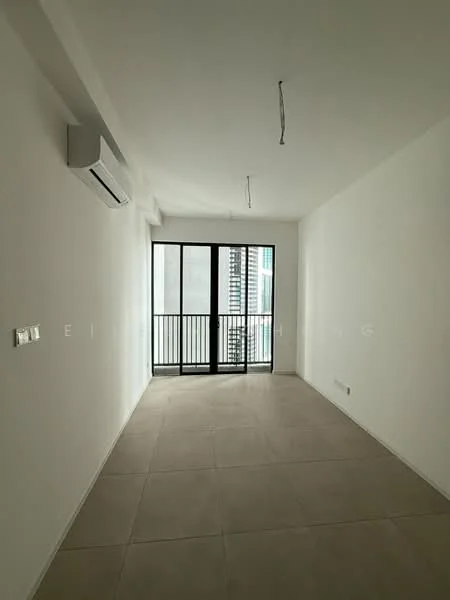 Room features: white painted walls, tile flooring, 1 wall-mounted split AC, floor-to-ceiling windows, sliding glass door, balcony access, natural light, minimalist design; style: modern; view: city.