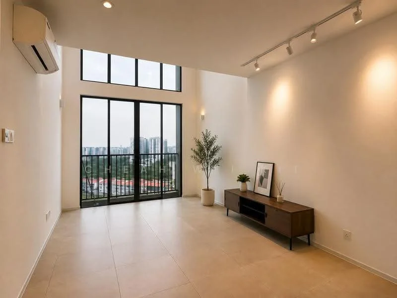 Living features: floor-to-ceiling windows, sliding glass door, white painted walls, recessed downlights, 1 wall-mounted split AC, light-colored tile flooring, wooden TV console, decorative plant in pot, framed artwork, open layout, city view; style: modern; view: city.