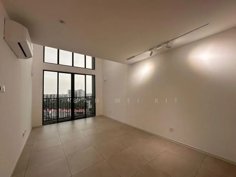 Living features: large floor-to-ceiling windows, sliding glass door, white painted walls, tile flooring, recessed LED downlights, 1 wall-mounted split AC, track lighting, neutral color palette; style: modern; view: city.