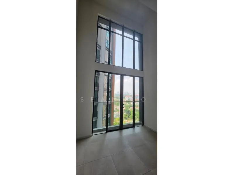 Room features: floor-to-ceiling windows, grey tiled flooring, white painted walls, high ceiling, city view; style: modern; view: city.