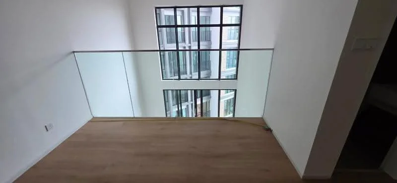 Room features: glass railing, wooden flooring, large windows, open space, natural light, modern design, high ceiling, view of interior courtyard; style: modern; view: courtyard.