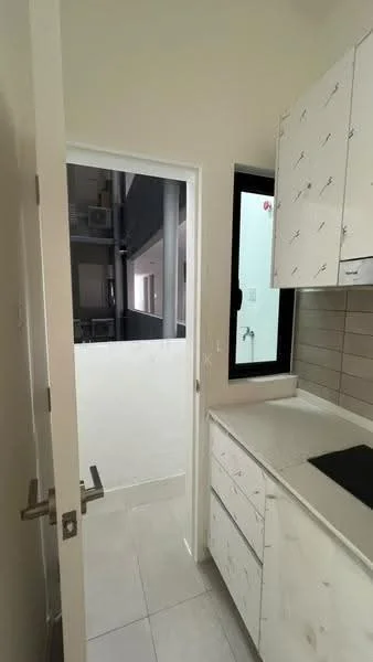 Kitchen features: white cabinetry with minimalist design, light-colored countertop, built-in cooktop, white tiled backsplash, floor-to-ceiling window, sliding door to balcony, ceramic tile flooring, neutral wall color; style: modern.