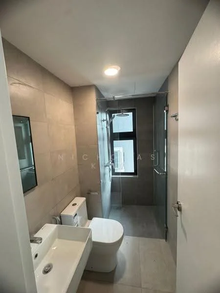 Bathroom features: grey tiled walls, grey tiled flooring, walk-in shower with glass enclosure, rain shower head, handheld shower, single-sink vanity with white cabinet, chrome basin mixer, framed mirror, one-piece toilet, recessed downlights; style: modern.
