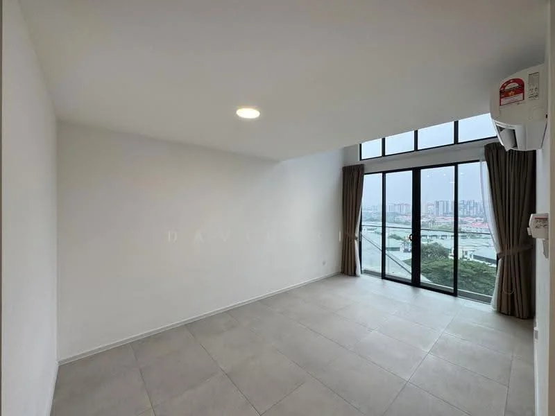 Room features: white painted walls, grey tile flooring, floor-to-ceiling windows, sliding glass door, curtains, 1 wall-mounted split AC, recessed downlights, city view; style: modern; view: city.