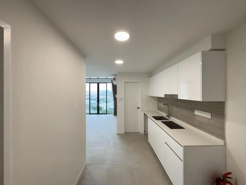 Kitchen features: white cabinetry, double-bowl stainless-steel sink, chrome pull-down faucet, grey tile backsplash, white walls, recessed downlights, grey tile flooring, open layout, floor-to-ceiling windows, view of city skyline; style: modern; view: city. Room features: white walls, grey tile flooring, floor-to-ceiling windows.