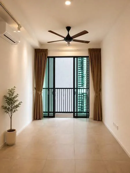 Living features: cream painted walls, tile flooring, 5-blade ceiling fan, floor-to-ceiling sliding glass door, sheer curtains, balcony view, decorative plant in white pot, recessed downlights; style: modern; view: garden.