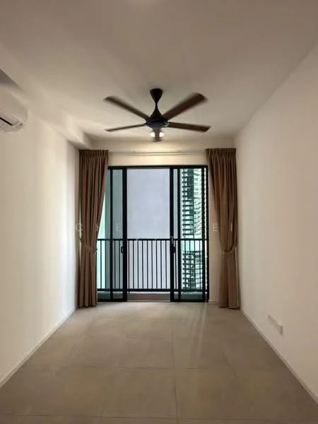 Room features: light grey tiled flooring, white painted walls, 5-blade ceiling fan with light, floor-to-ceiling sliding glass door, brown curtains, balcony view, air conditioning unit on wall; style: modern.