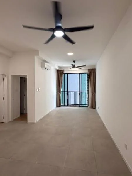 Living features: white painted walls, tile flooring, 2 ceiling fans with integrated LED lights, floor-to-ceiling windows, sliding glass door, curtains, air conditioning unit, balcony view; style: modern; view: city.