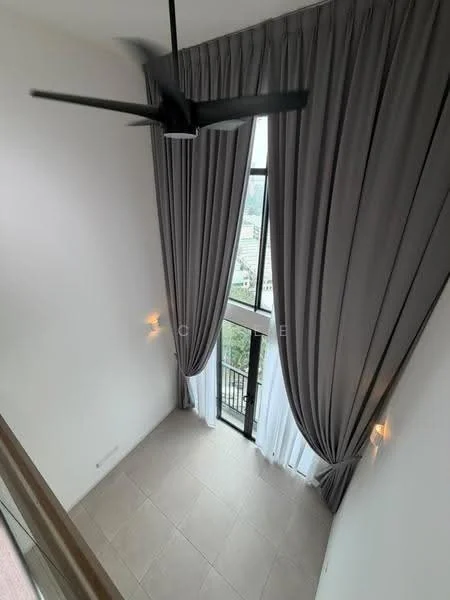 Room features: floor-to-ceiling windows, black ceiling fan, grey curtains, white sheer curtains, tile flooring, high ceiling, wall sconces, balcony access; style: modern; view: city.