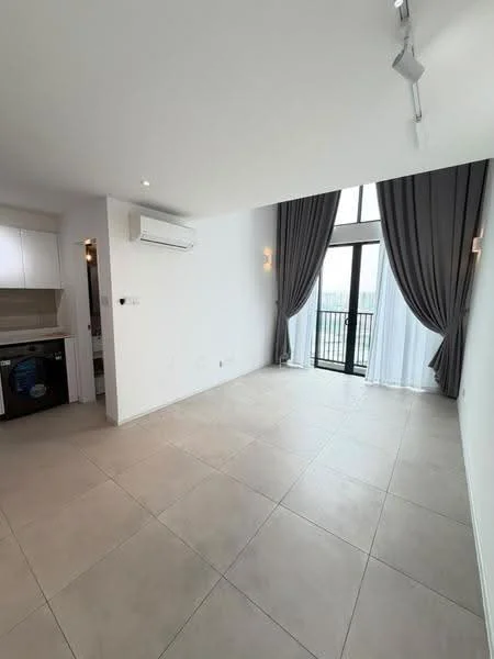 Living features: large floor-to-ceiling windows, sliding glass door, grey curtains, white painted walls, recessed downlights, wall-mounted split AC, light-coloured tile flooring, open layout, balcony access, minimalist decor; style: modern; view: city.
