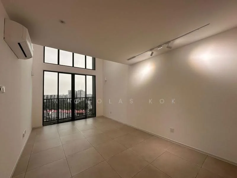 Living features: white painted walls, tile flooring, floor-to-ceiling windows, sliding glass door, recessed LED downlights, 1 wall-mounted split AC; style: modern; view: city.