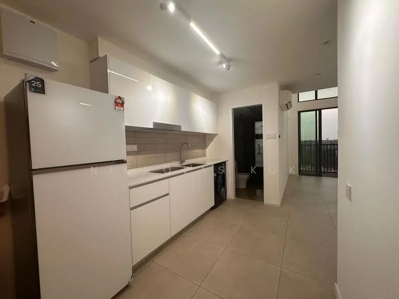 Kitchen features: white cabinetry, single-bowl stainless-steel sink, chrome pull-down faucet, white quartz countertop, ceramic tile backsplash, stainless-steel fridge, built-in oven, 4-burner gas hob, recessed LED downlights, wall-mounted split AC, tile flooring, open layout to living area, floor-to-ceiling windows, balcony access; style: modern; view: city.