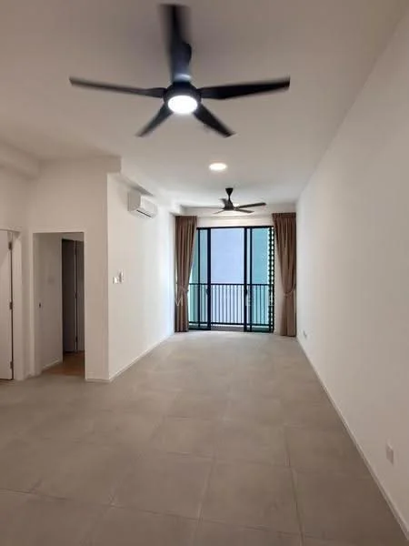 Living features: white painted walls, tile flooring, 5-blade ceiling fan with integrated LED light, 2 wall-mounted split AC units, floor-to-ceiling windows, sliding glass door, curtains, balcony access; style: modern; view: city. Room features: white painted walls, tile flooring, doorway, light fixture.