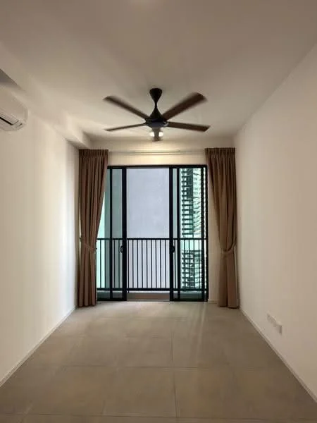 Living features: white painted walls, tile flooring, 5-blade ceiling fan with light, floor-to-ceiling sliding glass door, sheer curtains, balcony access, neutral color scheme, air conditioning unit; style: modern.