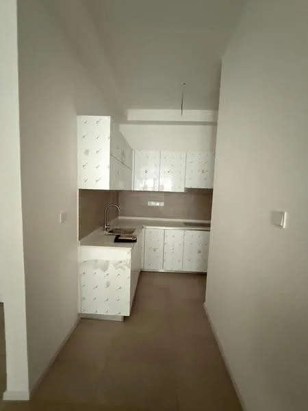 Kitchen features: white cabinetry with patterned design, laminate countertop, single-bowl stainless-steel sink, chrome pull-down faucet, ceramic tile flooring, neutral wall color, recessed ceiling lights, open layout, built-in oven, kitchen island; style: modern.