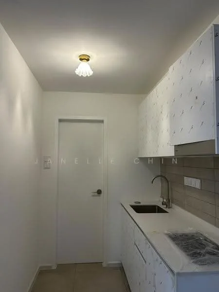 Kitchen features: white cabinets with decorative pattern, single-bowl stainless-steel sink, chrome pull-down faucet, white countertop, grey tile backsplash, recessed lighting, light fixture with glass shade, neutral wall color, tile flooring; style: modern.