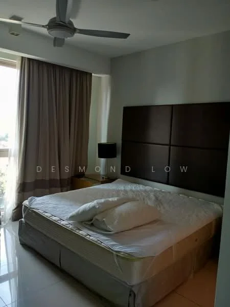 Bedroom features: king-size bed, upholstered headboard, bedside lamp, floor-to-ceiling window, sheer curtains, dark wood nightstand, white bedding, polished tile flooring, ceiling fan; style: modern.
