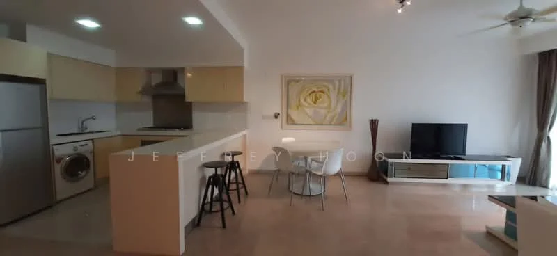 Kitchen features: stainless-steel sink, chrome pull-down faucet, granite countertop, flat-panel cabinetry in light wood, built-in oven, freestanding range oven, washing machine, ceramic tile flooring; style: modern. Living features: 3-seater fabric sofa in grey, coffee table, wall-mounted TV, TV console with storage, ceiling fan, recessed downlights, marble flooring, decorative wall art; style: modern.