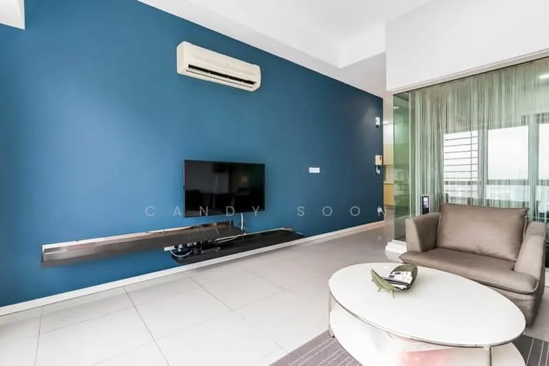 Living features: blue accent wall, white painted walls, ceramic tile flooring, wall-mounted TV, floating TV console, 1 wall-mounted split AC, sofa in light grey, round coffee table, decorative plant on table, large glass windows with sheer curtains; style: modern.