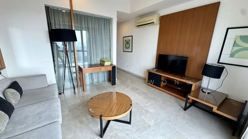 Living features: grey fabric sofa, round wooden coffee table, TV console, wall-mounted TV, wooden side table, floor-to-ceiling windows with sheer curtains, air conditioning unit, decorative artwork on walls, marble flooring; style: modern; view: city.