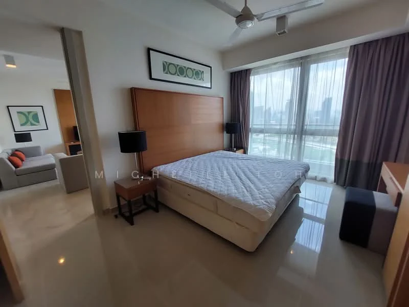 Bedroom features: king-size bed, upholstered headboard, 2 bedside lamps, wooden bedside tables, large window with city view, floor-to-ceiling windows, curtains, ceiling fan, polished tile flooring, decorative artwork on wall, dressing table, wooden desk, chair; style: modern; view: city. Living features: sofa, coffee table, decorative artwork on wall; style: modern; view: city.