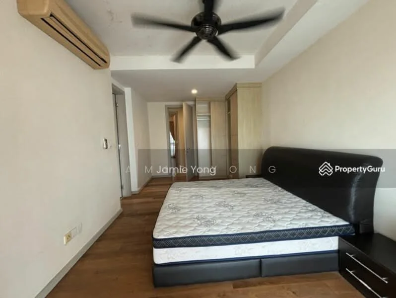 Bedroom features: queen-size bed, black upholstered bed frame, wooden flooring, ceiling fan, wall-mounted air conditioning unit, built-in wardrobe, nightstand, neutral painted walls, window with natural light; style: modern.