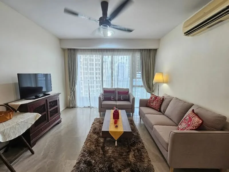 Living features: 3-seater fabric sofa in light grey, 2-seater fabric sofa in light grey, coffee table with wooden legs, TV console with wooden finish, wall-mounted TV, area rug with brown tones, floor-to-ceiling windows, curtains in light fabric, ceiling fan with light, air conditioning unit on wall, decorative throw pillows with patterns, lampshade floor lamp; style: contemporary.