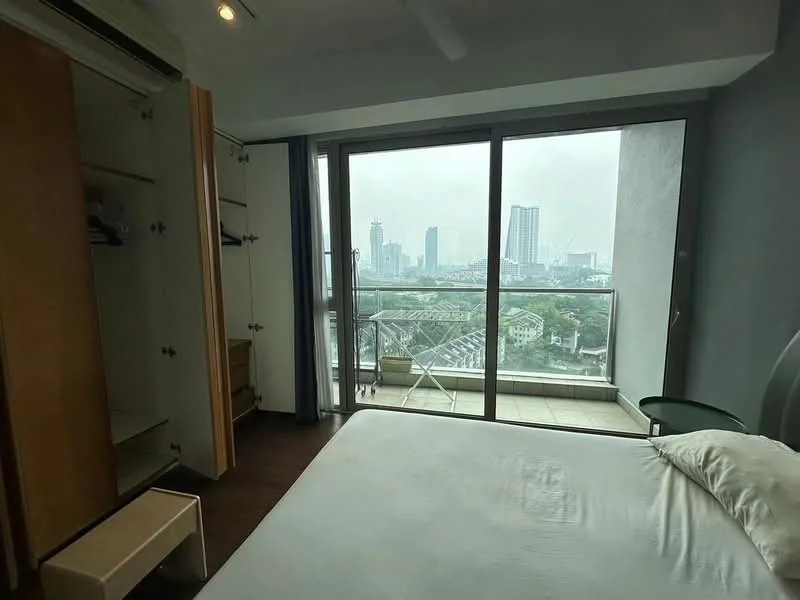 Bedroom features: floor-to-ceiling windows, city view, queen-size bed, wooden flooring, built-in wardrobe with sliding doors, nightstand, wall-mounted air conditioning unit, sheer curtains; style: modern; view: city.