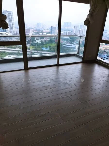 Room features: large floor-to-ceiling windows, wooden flooring, city skyline view, curtains, balcony access; style: modern; view: city.