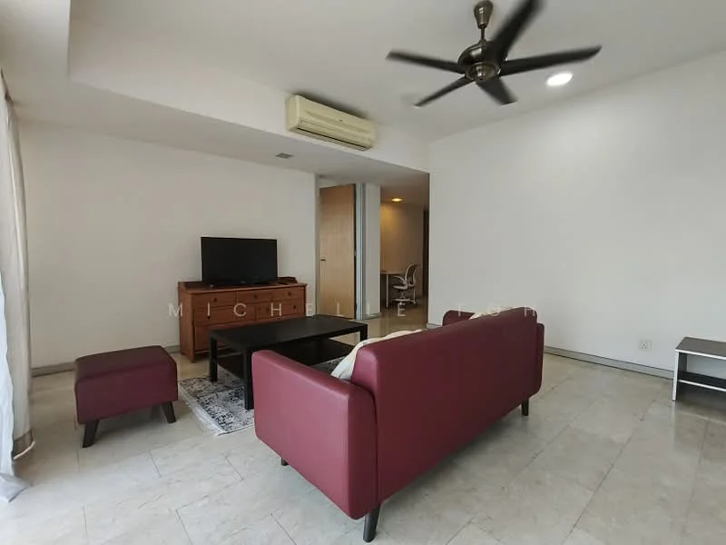 Living features: 3-seater fabric sofa in burgundy, coffee table, TV console, wall-mounted TV, area rug, ceiling fan, recessed downlights, marble flooring, large windows with sheer curtains, air conditioning unit; style: modern.