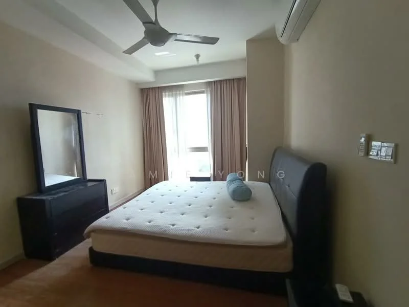 Bedroom features: queen-size bed, upholstered headboard, bedside lamps, floor-to-ceiling window, sheer curtains, wooden flooring, ceiling fan, wall-mounted air conditioning unit, dressing table with mirror, black dresser, decorative pillow; style: modern.