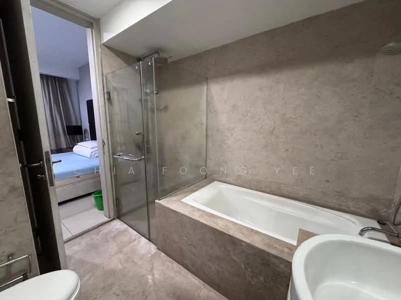 Bathroom features: bathtub, glass shower enclosure, single-sink vanity, white ceramic sink, chrome basin mixer, tile cladding on walls, marble flooring, toilet, mirror above vanity, towel rail; style: modern.