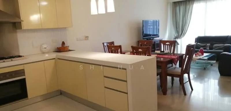 Kitchen features: light yellow cabinetry, white countertop, stainless-steel gas hob, built-in oven, kitchen island with storage, white tiled backsplash, under-cabinet lighting, open layout to dining area; style: modern. Dining features: wooden dining table for six, wooden dining chairs, tablecloth on dining table, nearby television unit, glass coffee table, sofa in living area; style: modern.