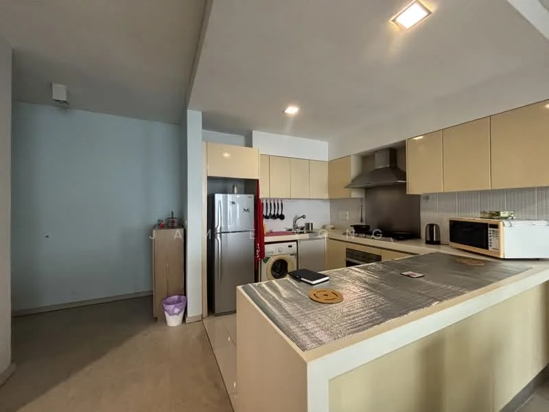 Kitchen features: light wood cabinetry, stainless-steel fridge, built-in oven, freestanding microwave, stainless-steel sink, chrome pull-down faucet, grey countertop, tile backsplash, kitchen island with seating, recessed downlights, ceramic tile flooring, open layout, wall-mounted kitchen utensils rack; style: modern.