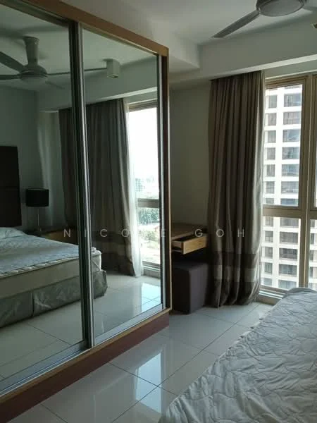 Bedroom features: king-size bed, upholstered headboard, floor-to-ceiling mirror wardrobe, window with city view, sheer curtains, recessed downlights, white painted walls, white tile flooring, ceiling fan; style: modern; view: city.
